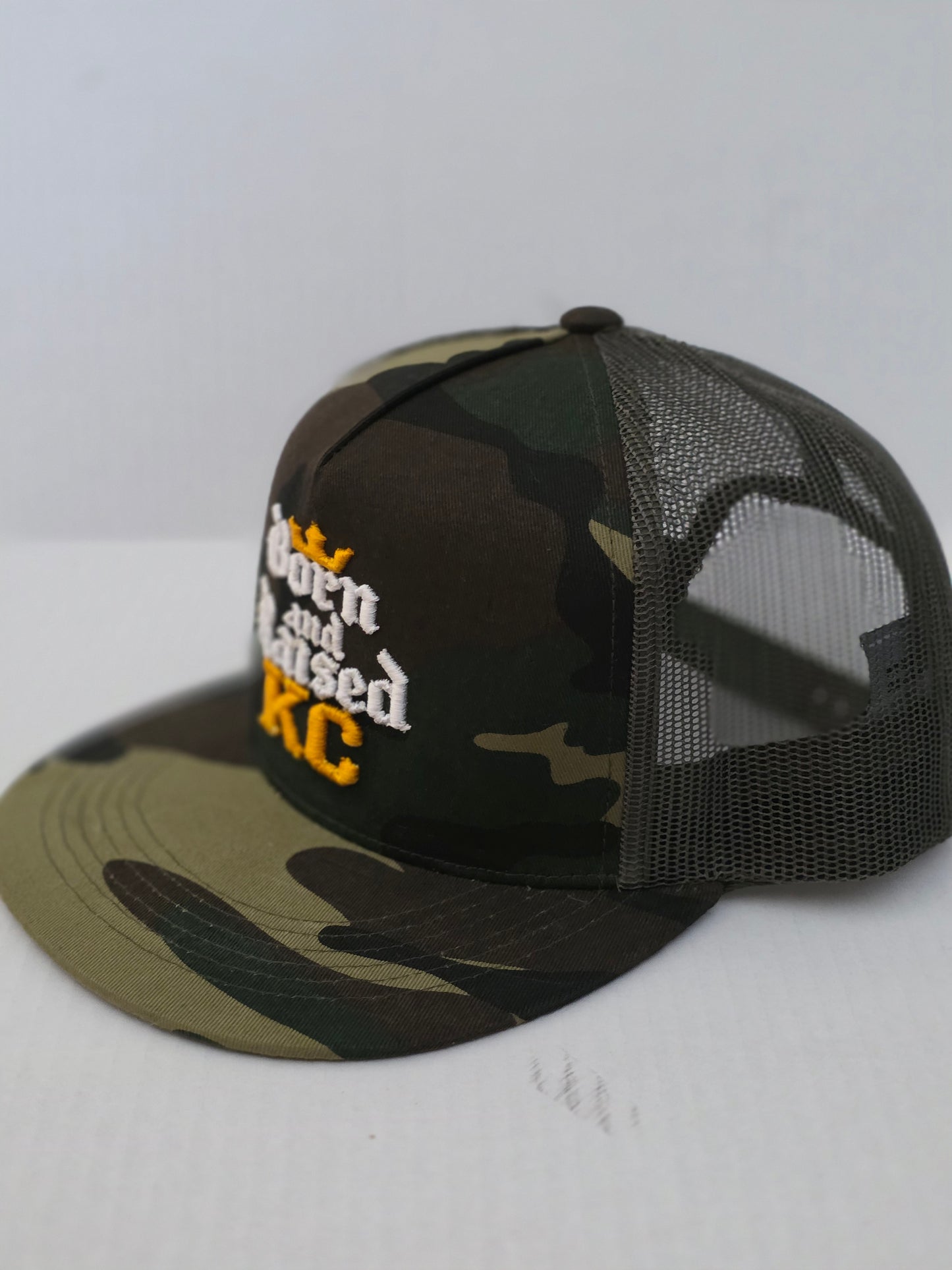 Born & Raised KC – 3D Puff Camo Mesh Trucker Hat